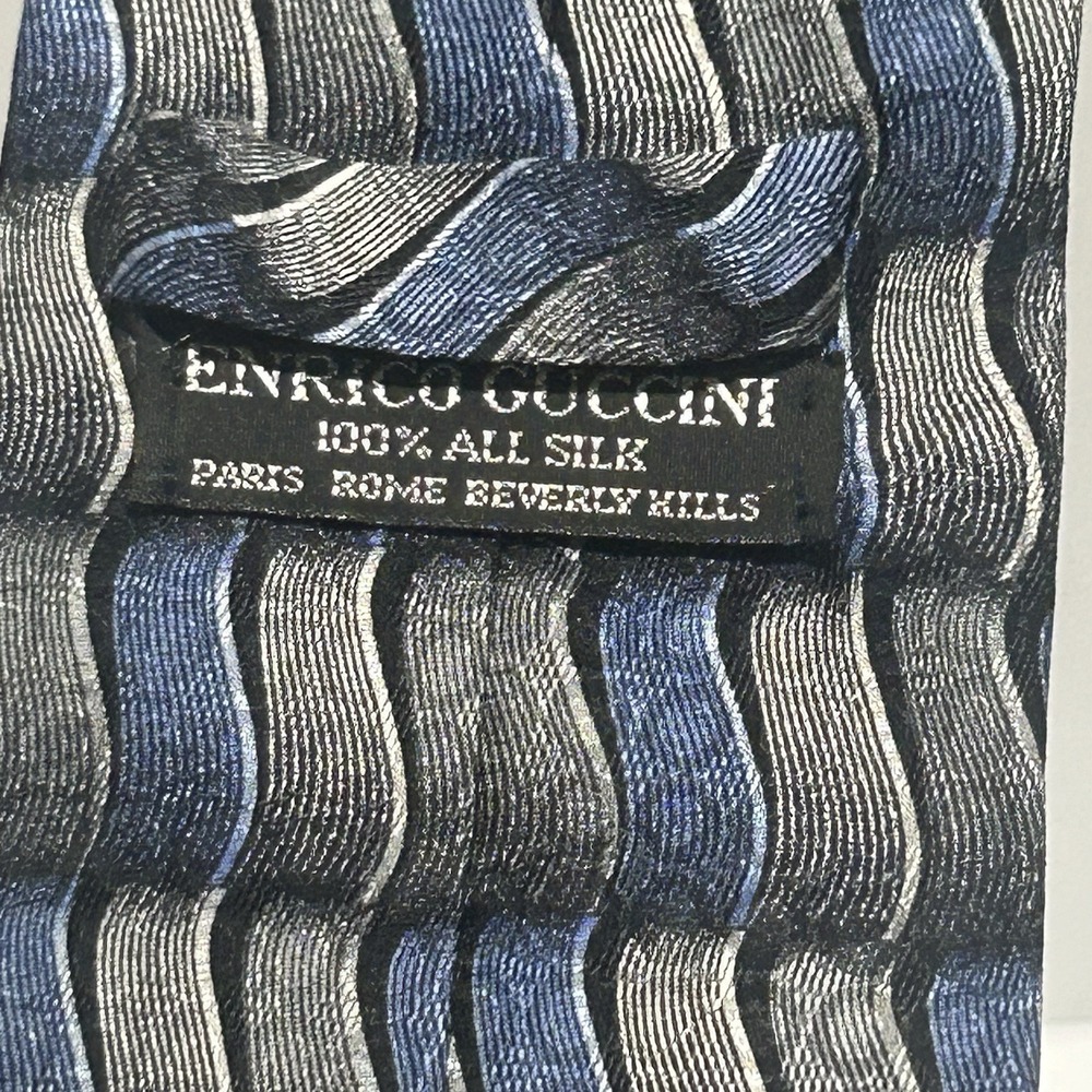 Enrico Guccini Wide Classic Blue Gray 100% Silk Tie Wavy Stripe Designer